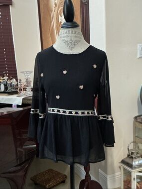 Harlowe & Graham Black Peplum Blouse with Floral Embroidered Accents
